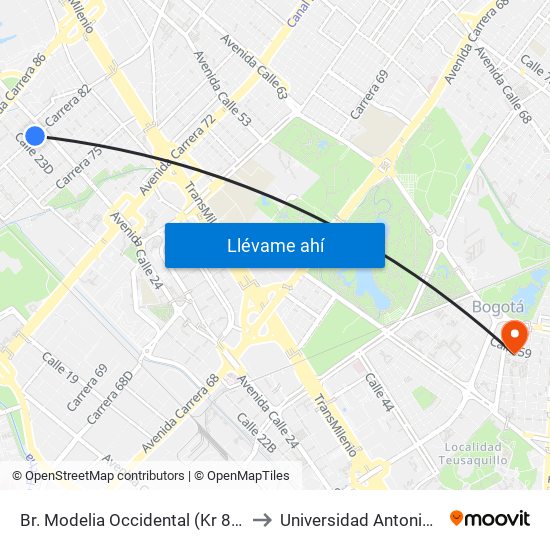 Br. Modelia Occidental (Kr 82 - Cl 23f) to Universidad Antonio Nariño map