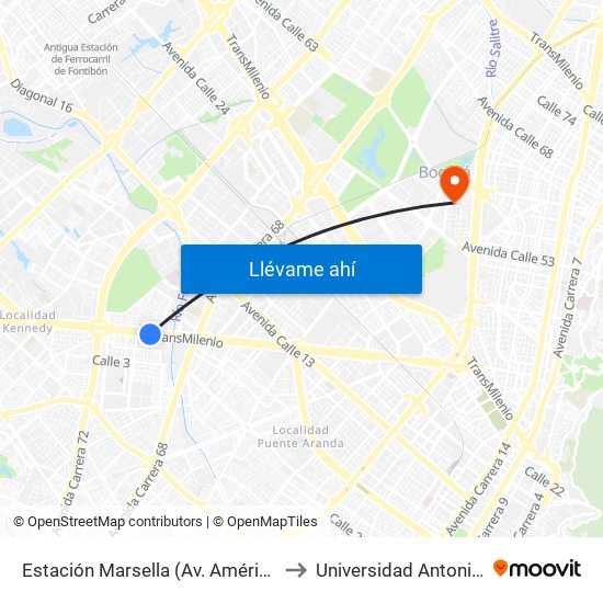 Estación Marsella (Av. Américas - Kr 69b) to Universidad Antonio Nariño map