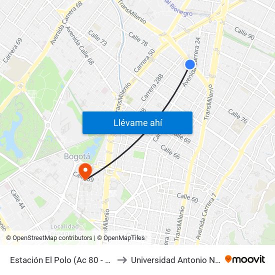 Estación El Polo (Ac 80 - Kr 27) to Universidad Antonio Nariño map