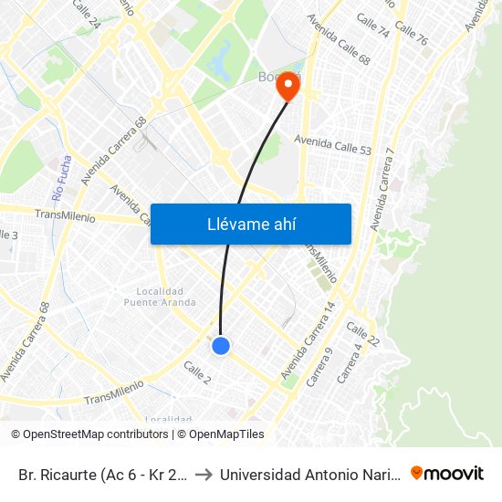 Br. Ricaurte (Ac 6 - Kr 26) to Universidad Antonio Nariño map