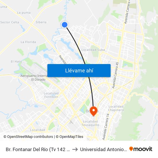 Br. Fontanar Del Río  (Tv 142 - Dg 150) to Universidad Antonio Nariño map