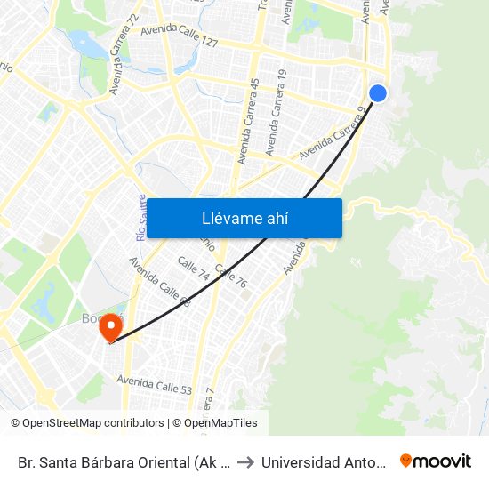Br. Santa Bárbara Oriental (Ak 7 - Cl 123) (A) to Universidad Antonio Nariño map