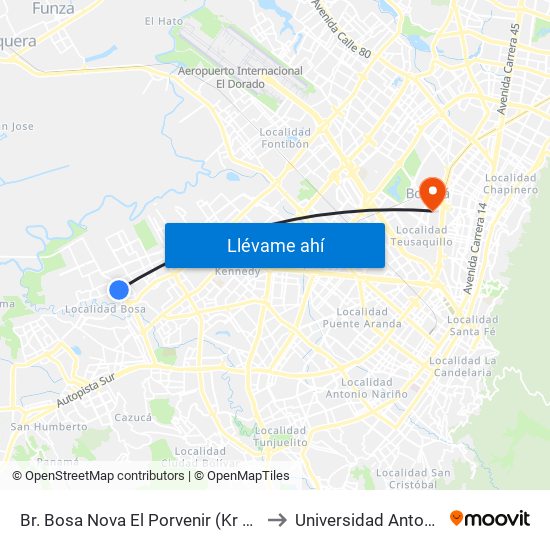 Br. Bosa Nova El Porvenir (Kr 87c - Cl 60 Sur) to Universidad Antonio Nariño map