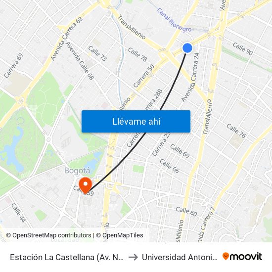 Estación La Castellana (Av. NQS - Cl 85a) to Universidad Antonio Nariño map