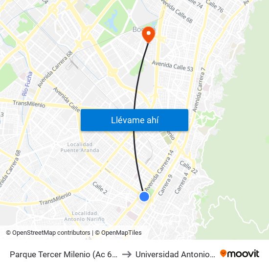 Parque Tercer Milenio (Ac 6 - Kr 12a) to Universidad Antonio Nariño map