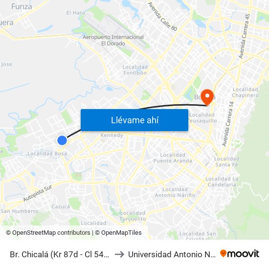 Br. Chicalá (Kr 87d - Cl 54c Sur) to Universidad Antonio Nariño map
