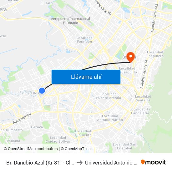 Br. Danubio Azul (Kr 81i - Cl 55 Sur) to Universidad Antonio Nariño map