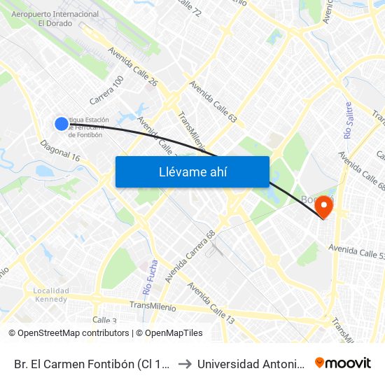 Br. El Carmen Fontibón (Cl 17 - Kr 100) to Universidad Antonio Nariño map