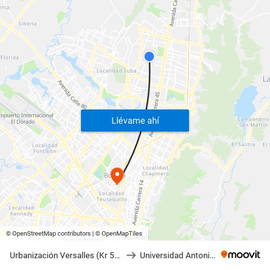 Urbanización Versalles (Kr 56 - Cl 152b) to Universidad Antonio Nariño map