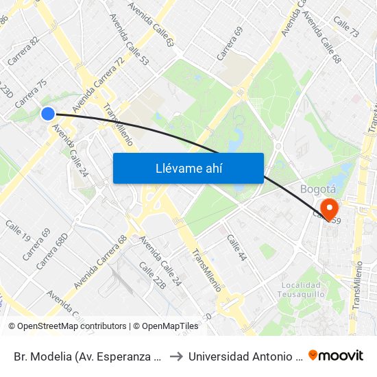 Br. Modelia (Av. Esperanza - Kr 72b) to Universidad Antonio Nariño map