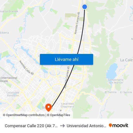 Compensar Calle 220 (Ak 7 - Cl 220) to Universidad Antonio Nariño map