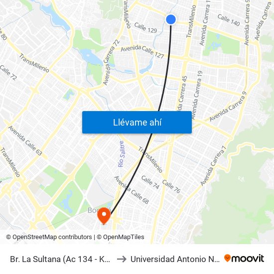 Br. La Sultana (Ac 134 - Kr 53b) to Universidad Antonio Nariño map