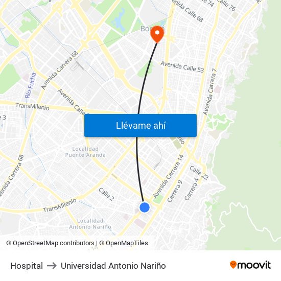 Hospital to Universidad Antonio Nariño map
