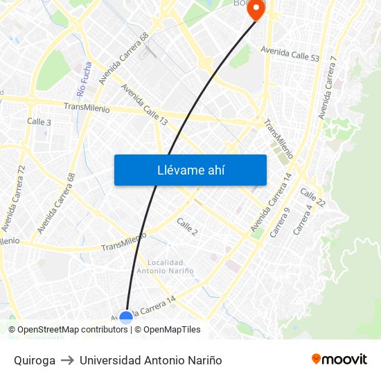 Quiroga to Universidad Antonio Nariño map