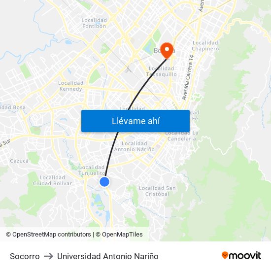 Socorro to Universidad Antonio Nariño map