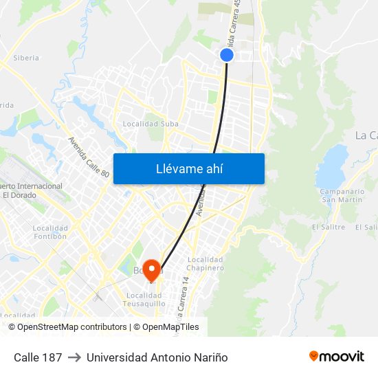 Calle 187 to Universidad Antonio Nariño map