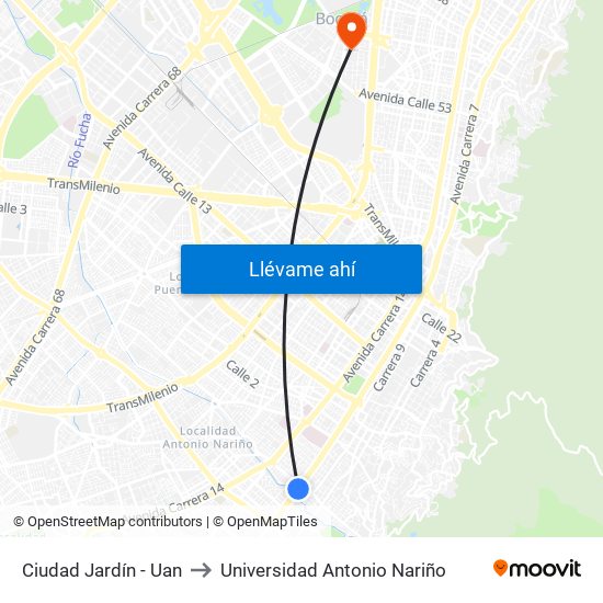 Ciudad Jardín - Uan to Universidad Antonio Nariño map