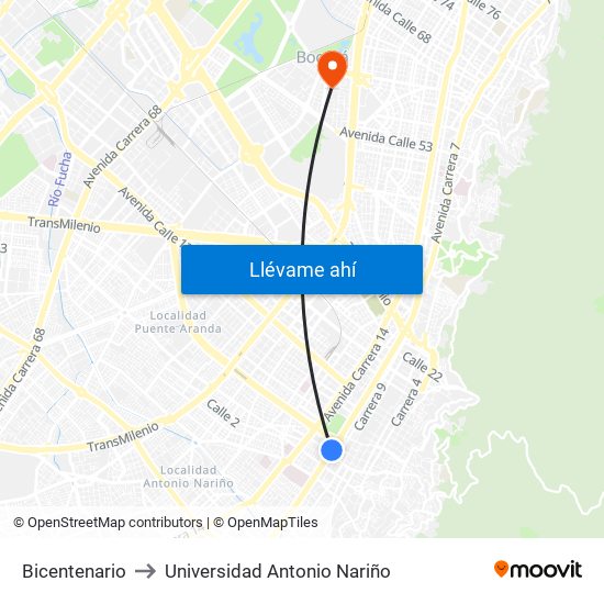 Bicentenario to Universidad Antonio Nariño map