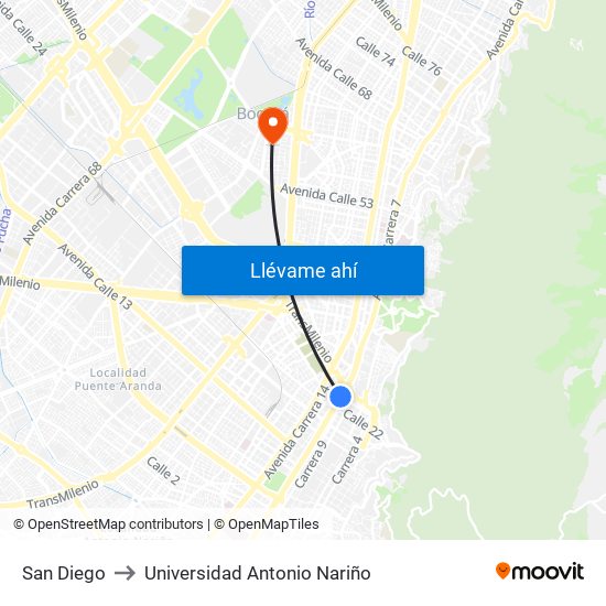 San Diego to Universidad Antonio Nariño map
