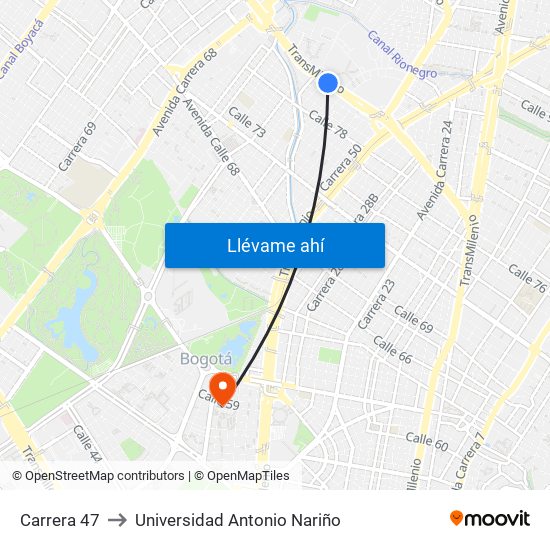 Carrera 47 to Universidad Antonio Nariño map