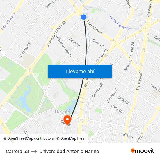 Carrera 53 to Universidad Antonio Nariño map