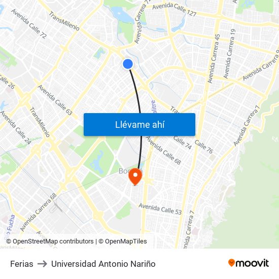 Ferias to Universidad Antonio Nariño map