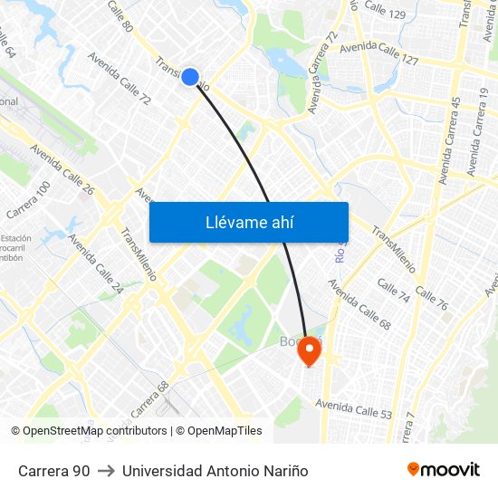 Carrera 90 to Universidad Antonio Nariño map