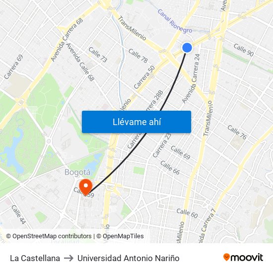 La Castellana to Universidad Antonio Nariño map