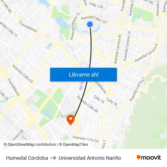 Humedal Córdoba to Universidad Antonio Nariño map