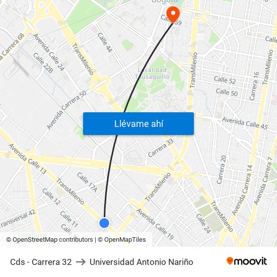 Cds - Carrera 32 to Universidad Antonio Nariño map