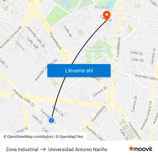 Zona Industrial to Universidad Antonio Nariño map