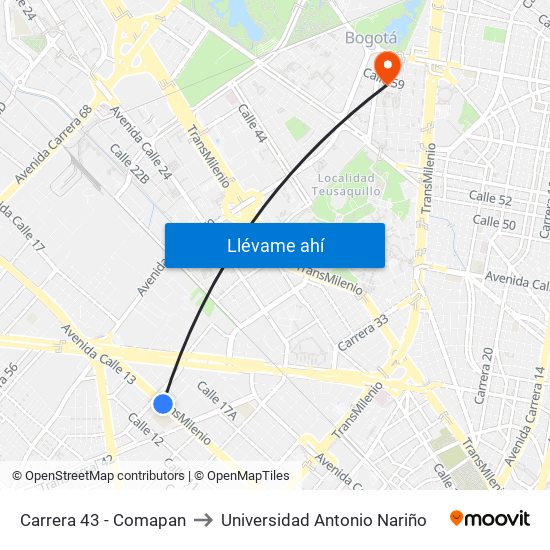 Carrera 43 - Comapan to Universidad Antonio Nariño map