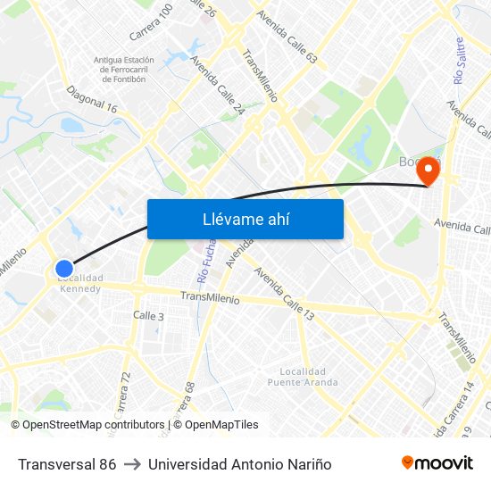 Transversal 86 to Universidad Antonio Nariño map