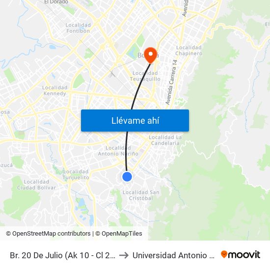 Br. 20 De Julio (Ak 10 - Cl 27a Sur) to Universidad Antonio Nariño map