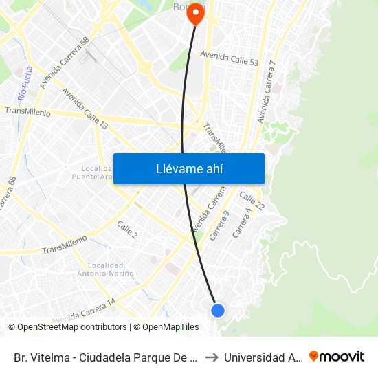 Br. Vitelma - Ciudadela Parque De La Roca (Cl 3 Sur - Kr 4a Este) to Universidad Antonio Nariño map