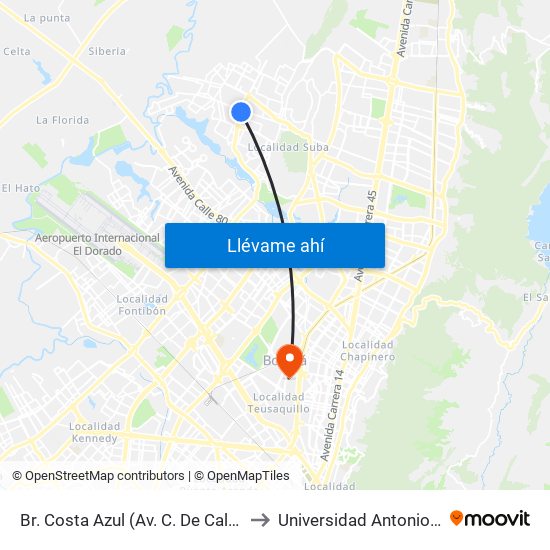 Br. Costa Azul (Av. C. De Cali - Cl 139) to Universidad Antonio Nariño map