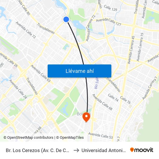 Br. Los Cerezos (Av. C. De Cali - Cl 90a) to Universidad Antonio Nariño map