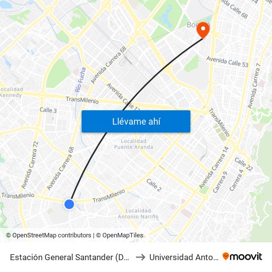 Estación General Santander (Dg 39a Sur - Tv 42) to Universidad Antonio Nariño map