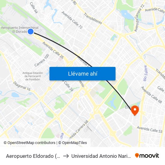 Aeropuerto Eldorado (F) to Universidad Antonio Nariño map