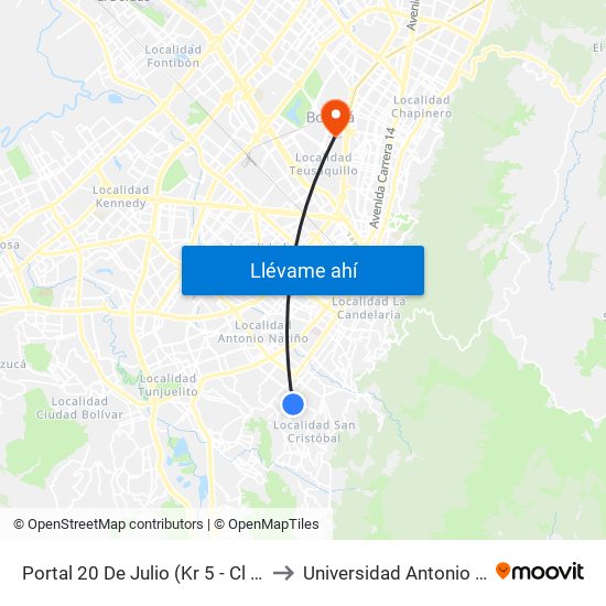 Portal 20 De Julio (Kr 5 - Cl 30a Sur) to Universidad Antonio Nariño map