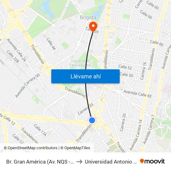 Br. Gran América (Av. NQS - Cl 25b) to Universidad Antonio Nariño map