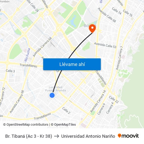 Br. Tibaná (Ac 3 - Kr 38) to Universidad Antonio Nariño map