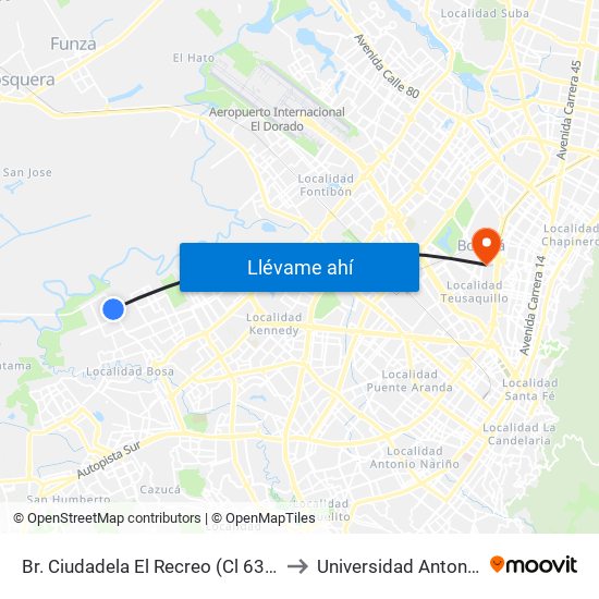 Br. Ciudadela El Recreo (Cl 63 Sur - Kr 99a) to Universidad Antonio Nariño map