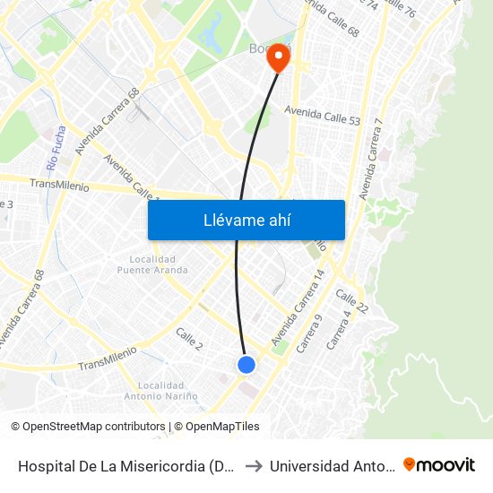 Hospital De La Misericordia (Dg 2 - Av. Caracas) to Universidad Antonio Nariño map