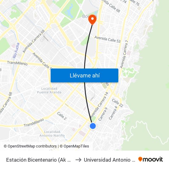 Estación Bicentenario (Ak 10 - Cl 4) to Universidad Antonio Nariño map