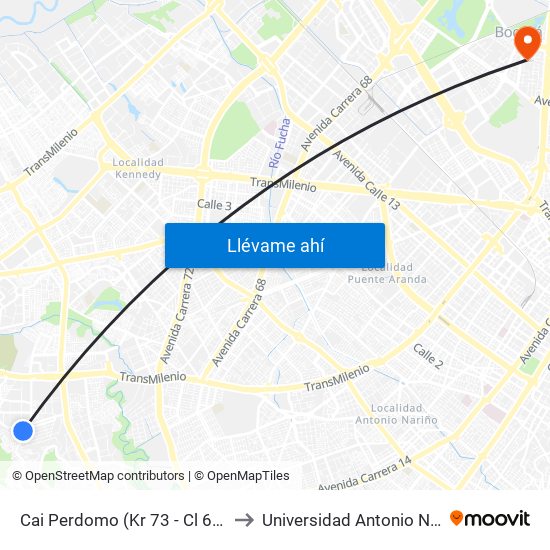 Cai Perdomo (Kr 73 - Cl 64 Sur) to Universidad Antonio Nariño map