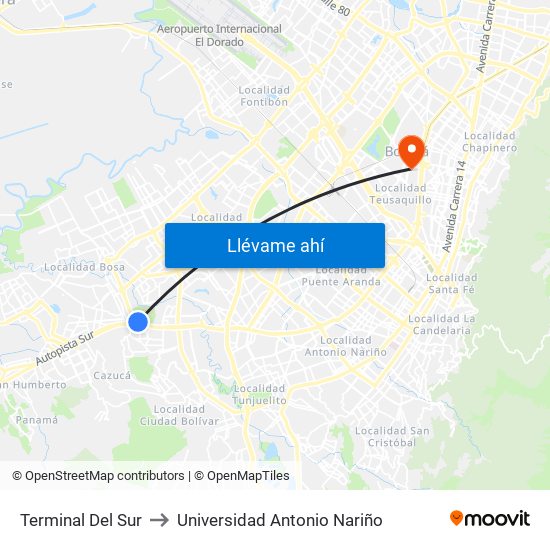 Terminal Del Sur to Universidad Antonio Nariño map