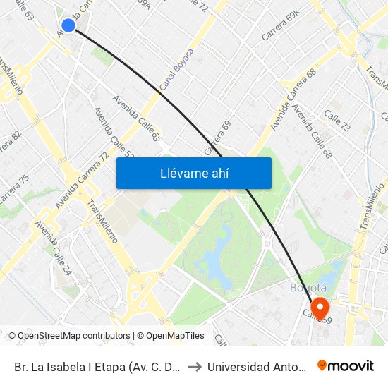 Br. La Isabela I Etapa (Av. C. De Cali - Cl 64g) to Universidad Antonio Nariño map