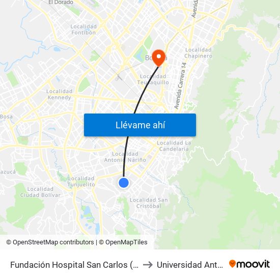 Fundación Hospital San Carlos (Cl 31a Sur - Kr 12b) to Universidad Antonio Nariño map
