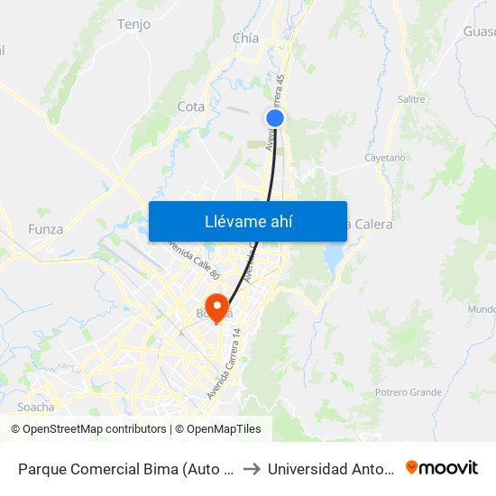 Parque Comercial Bima (Auto Norte - Ac 235) to Universidad Antonio Nariño map